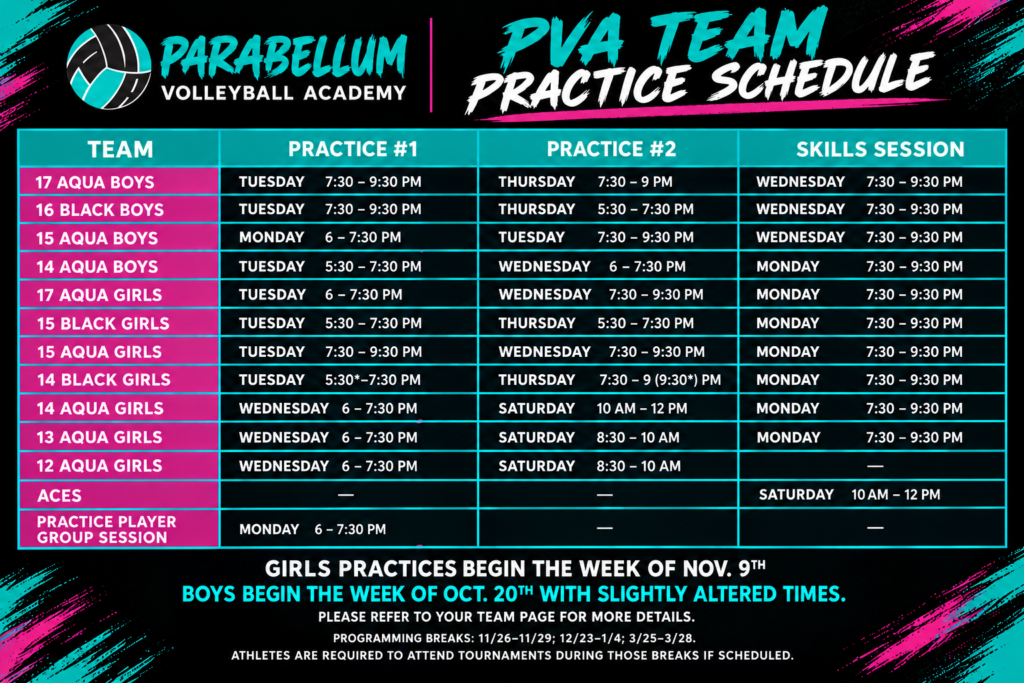 PVA team Practice Schedule